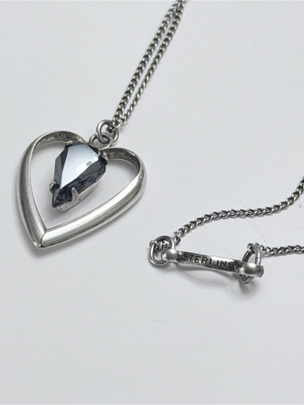 Vintage Necklace Sterling Silver Open Heart Black Pear Cut Stone